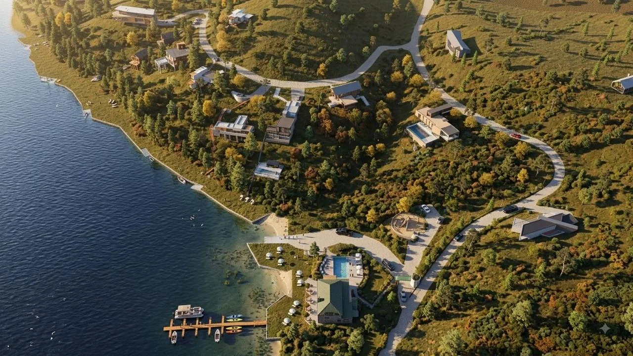 Render referencial del loteo urbanizado visto desde el aire, con sus caminos, la playa y el muelle