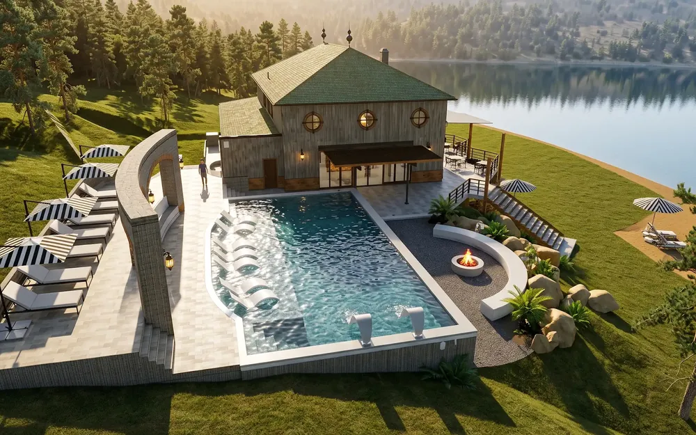 Render referencial de la piscina y la casa club